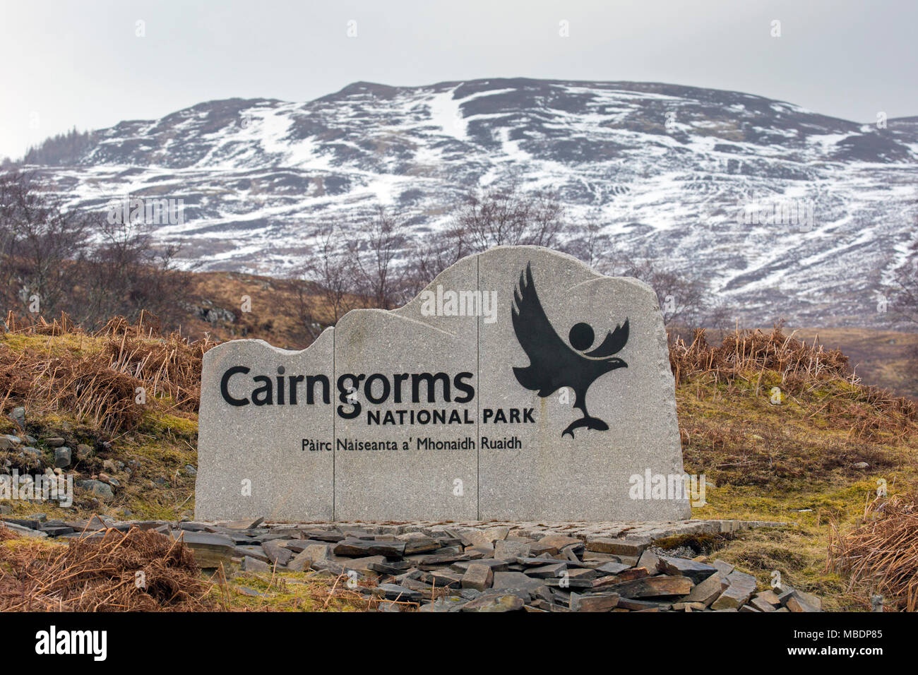 Cairngorms National Park entrance sign in winter, largest national park in the British Isles at Badenoch and Strathspey in the Highlands of Scotland Stock Photo