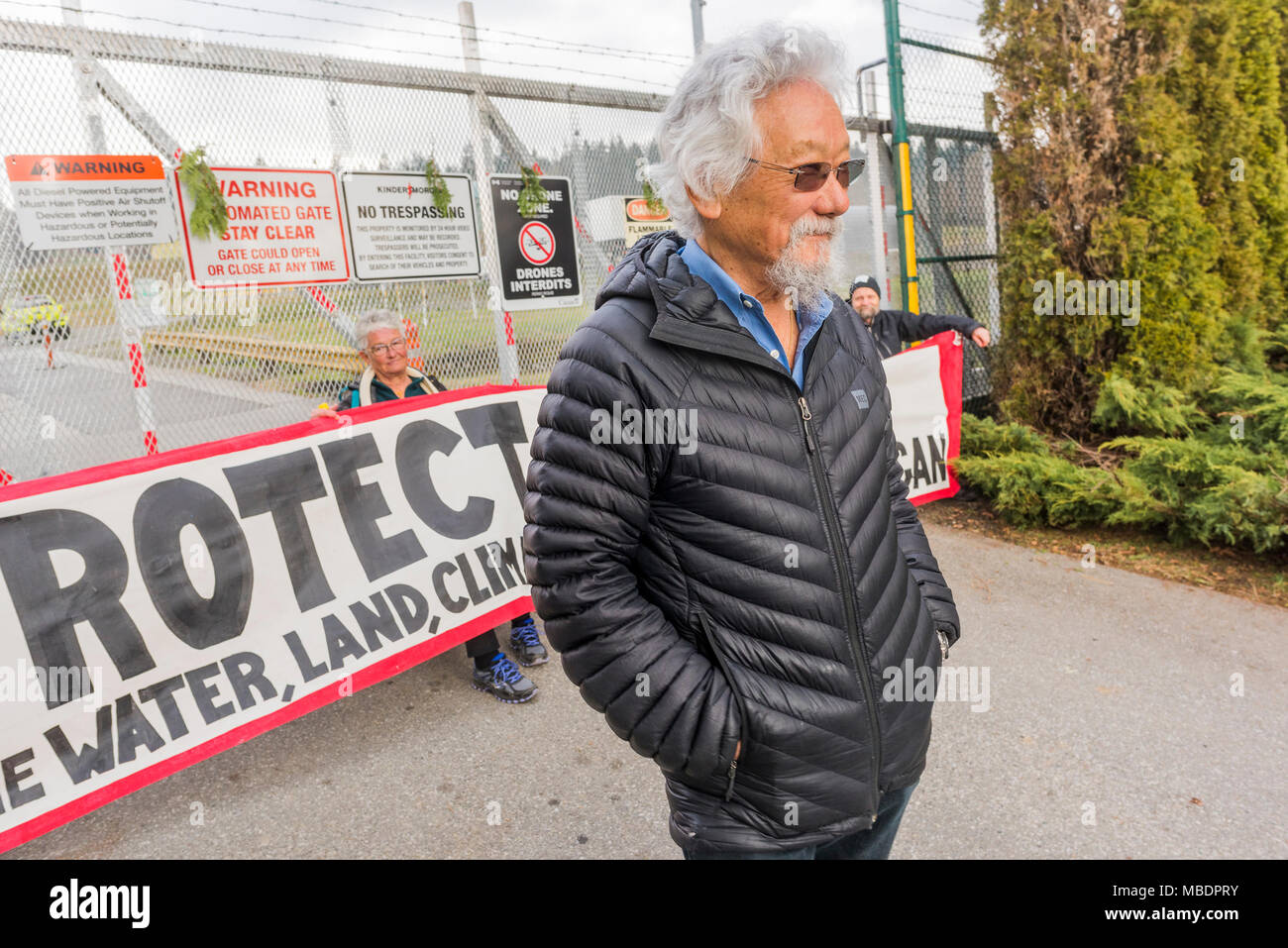 David Suzuki at Kinder Morgan Oil Pipeline Blockade, Burnaby, British Columbia, Canada. Stock Photo