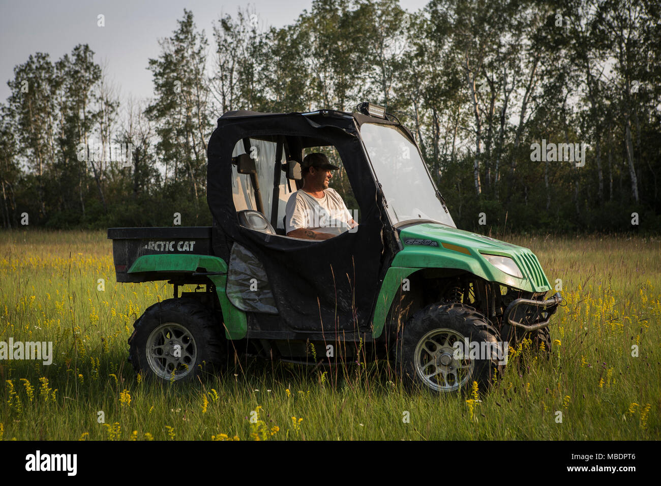 Yves Breton sits in is Arctic Cat prowler 650 H1 as he looks at his horses on his farm in Saint-Laurent, Manitoba, Friday August 14, 2015. Stock Photo