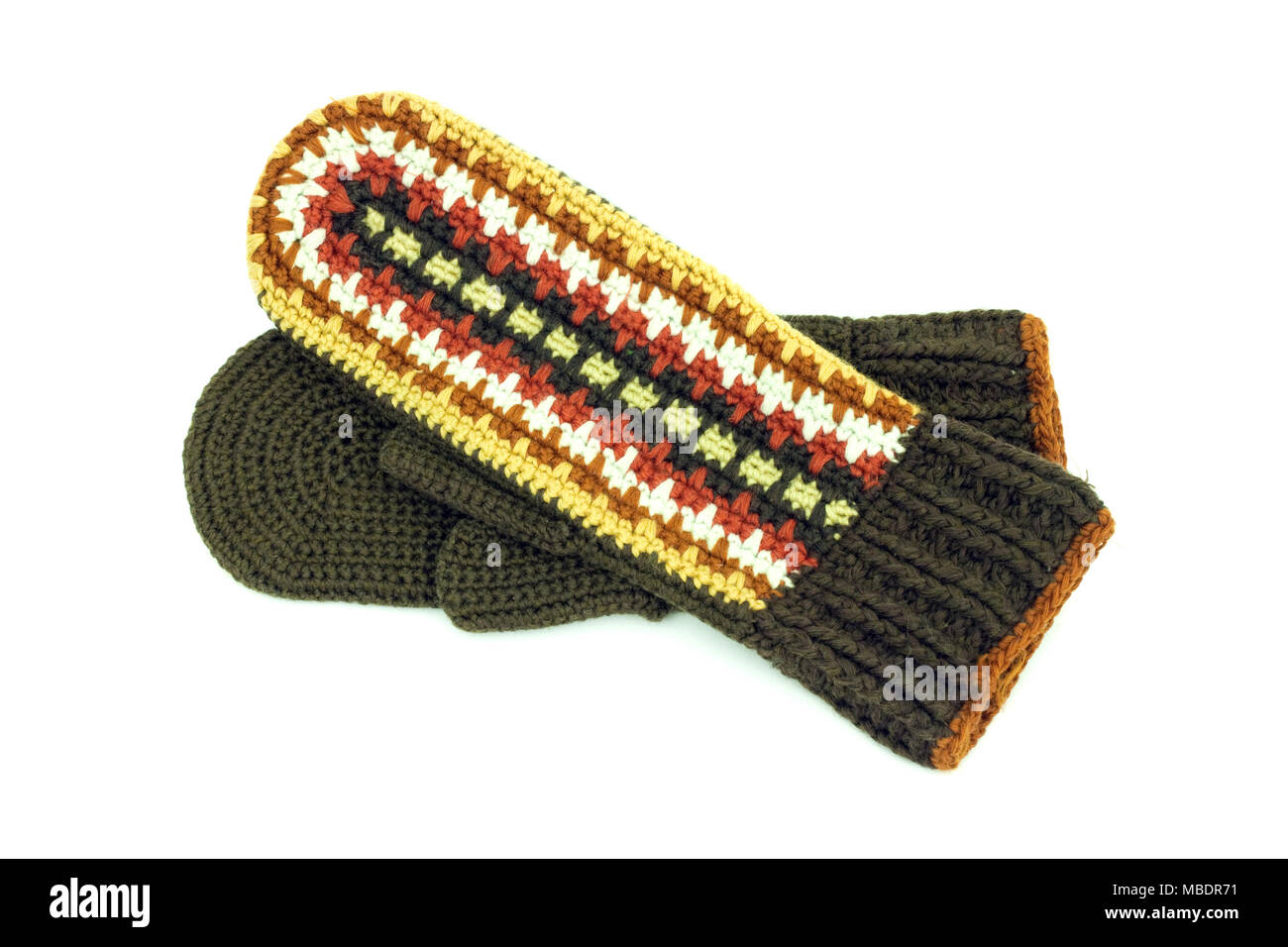 Two crocheted mittens on a white background Stock Photo