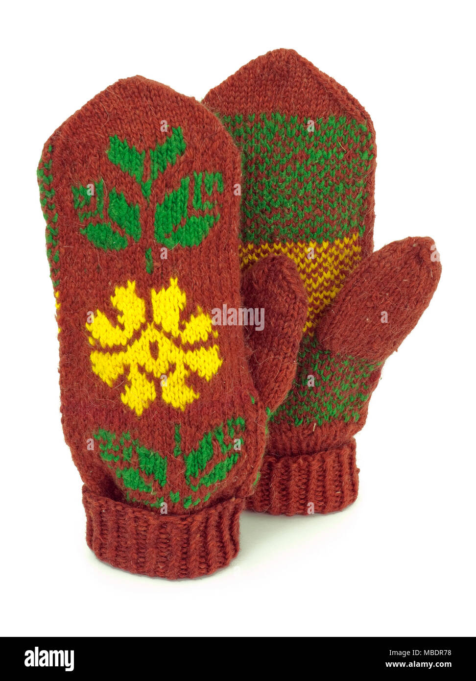 Two crocheted mittens on a white background Stock Photo