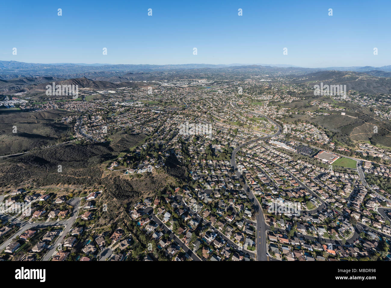 Aerial view of Newbury Park and Thousand Oaks suburban streets near Los Angeles, California. Stock Photo