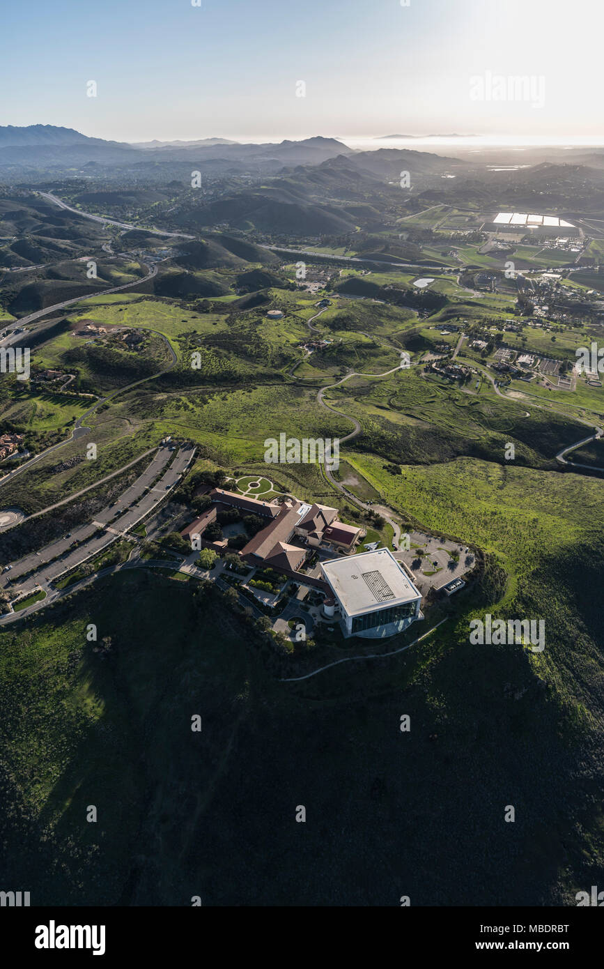 Simi Valley, California, USA - March 26, 2018:  Vertical aerial view of Ronald Reagan Presidential Library and Center for Public Affairs. Stock Photo