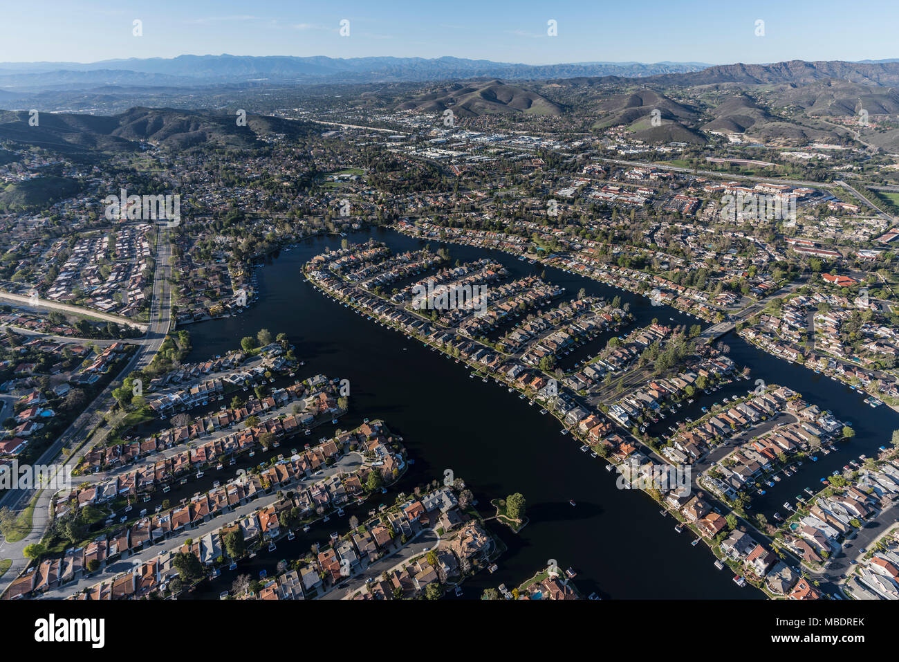 Aerial view of Westlake Island and lake in Thousand Oaks and Westlake Village neighborhoods in Southern California. Stock Photo