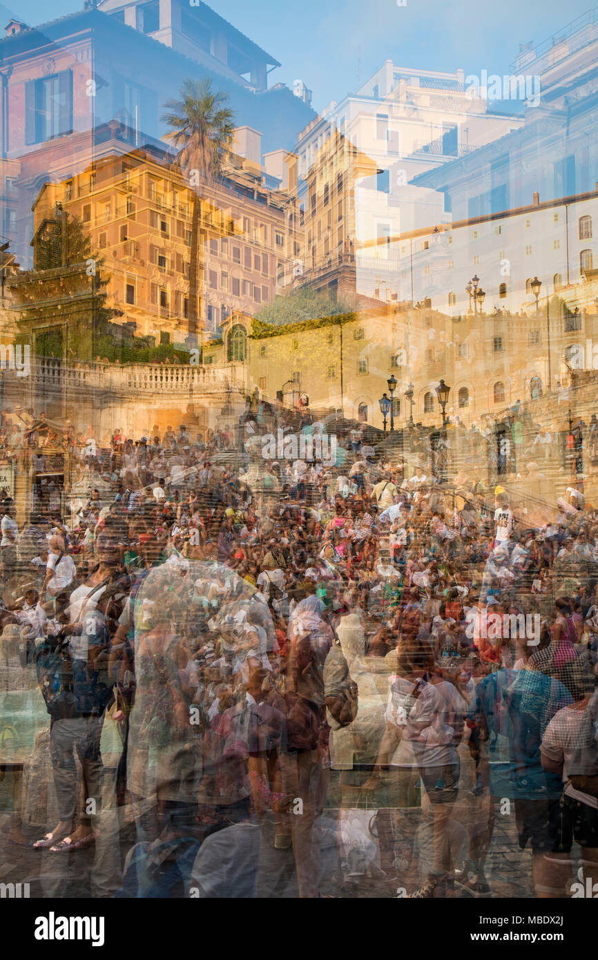 An abstract multiple exposure photo of people in the popular area known as The Spanish Steps (Scalinata di Trinità dei Monti) in between the Piazza di Stock Photo