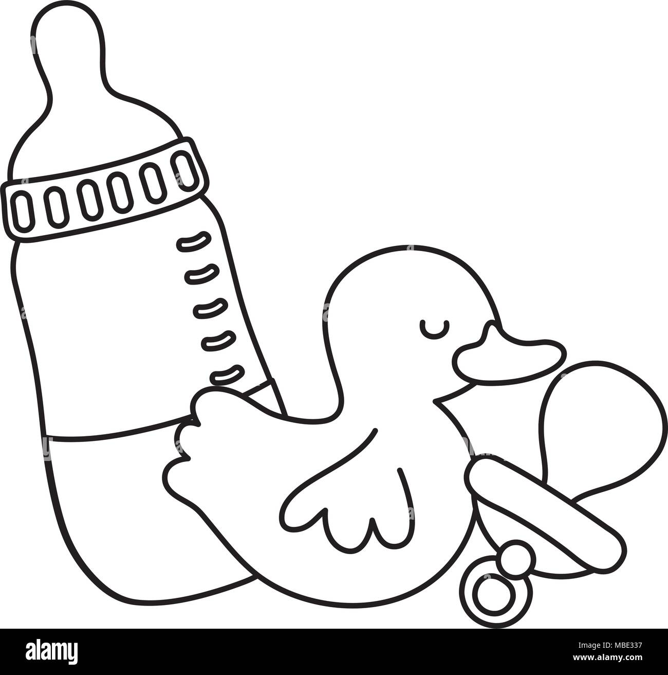 line bottle feeding with pacifier and rubber duck Stock Vector