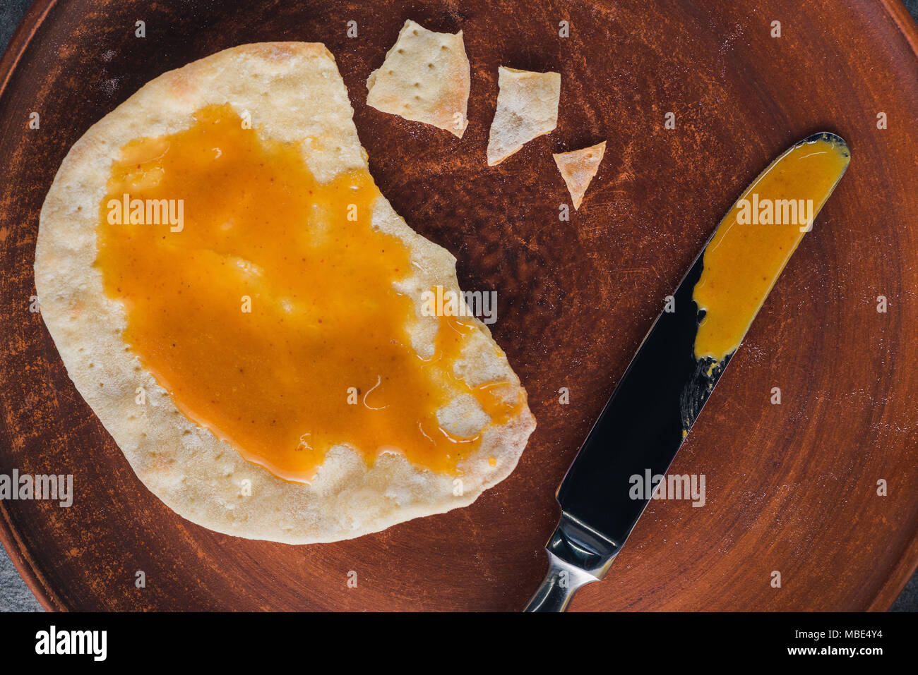 top view of matza with honey, jewish Passover holiday concept Stock
