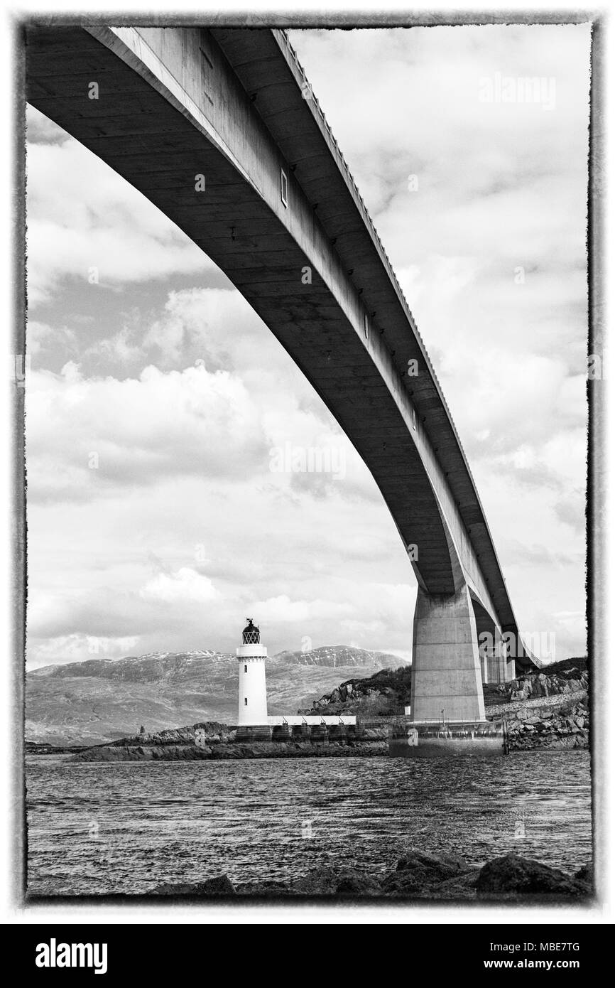 Skye Bridge over Loch Alsh connecting mainland Highland Scotland with the Isle of Skye, from Kyleakin, Scotland, UK in March monochrome black & white Stock Photo