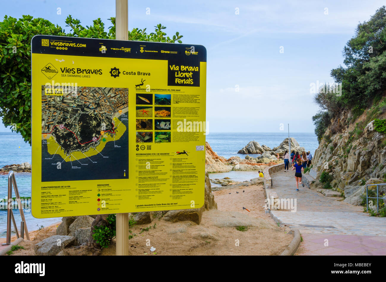 A sign post at the start of a trail at Lloret de Mar in the Costa Brava region of Spain. Stock Photo
