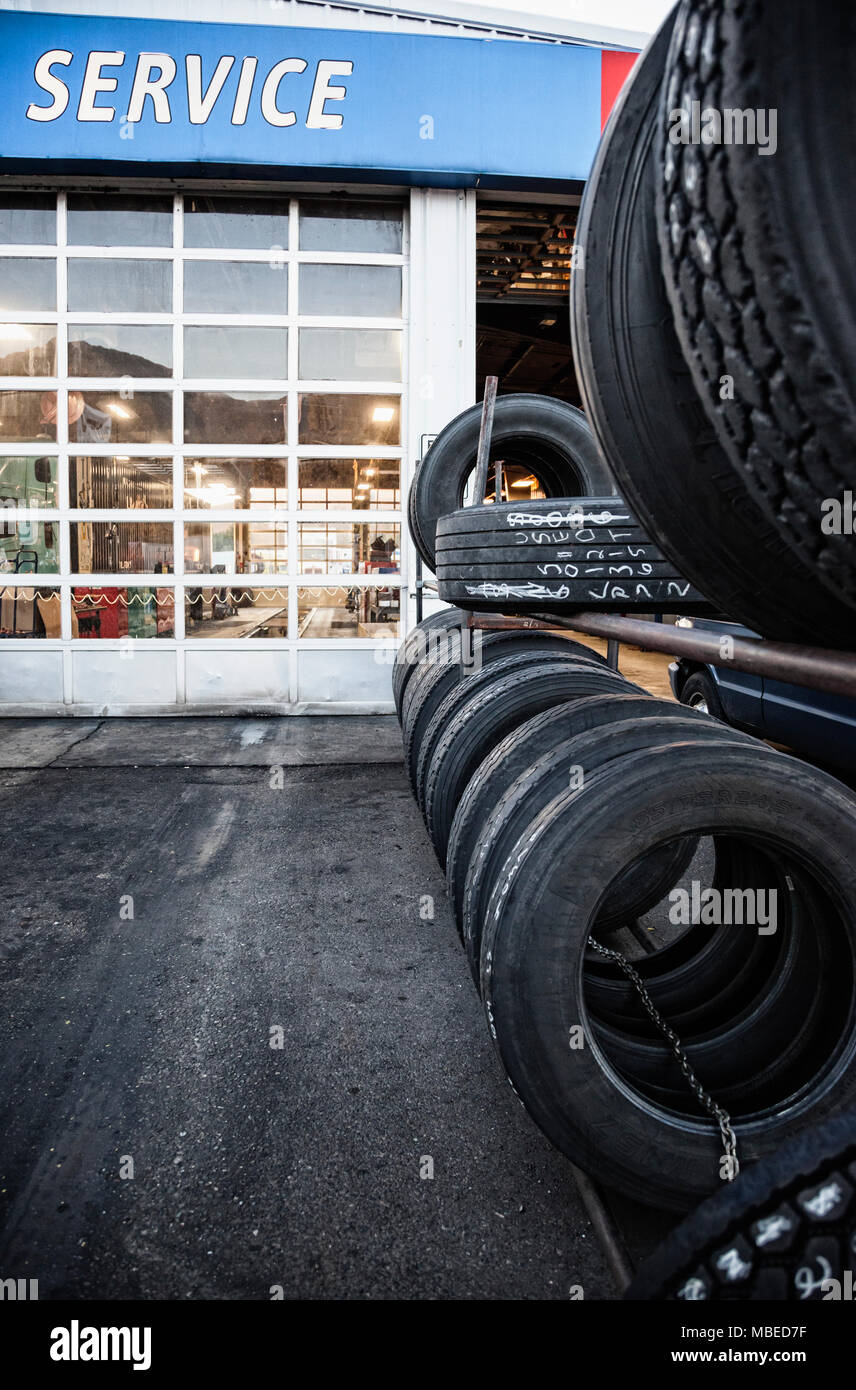 Service center for trucks at a major truck stop maintenance center. Stock Photo