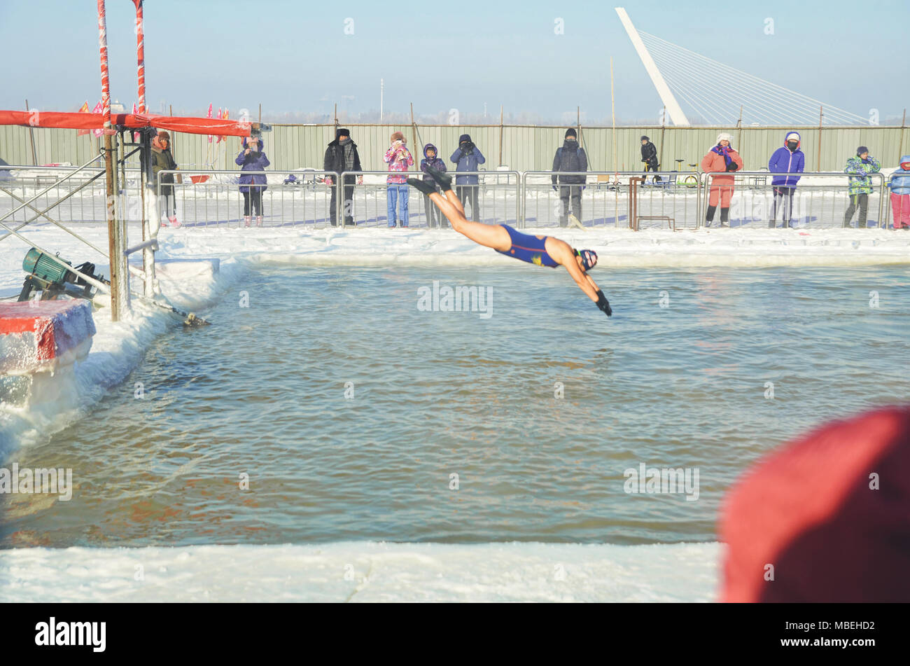 Winter swimming performance in Songhua River, Harbin Stock Photo
