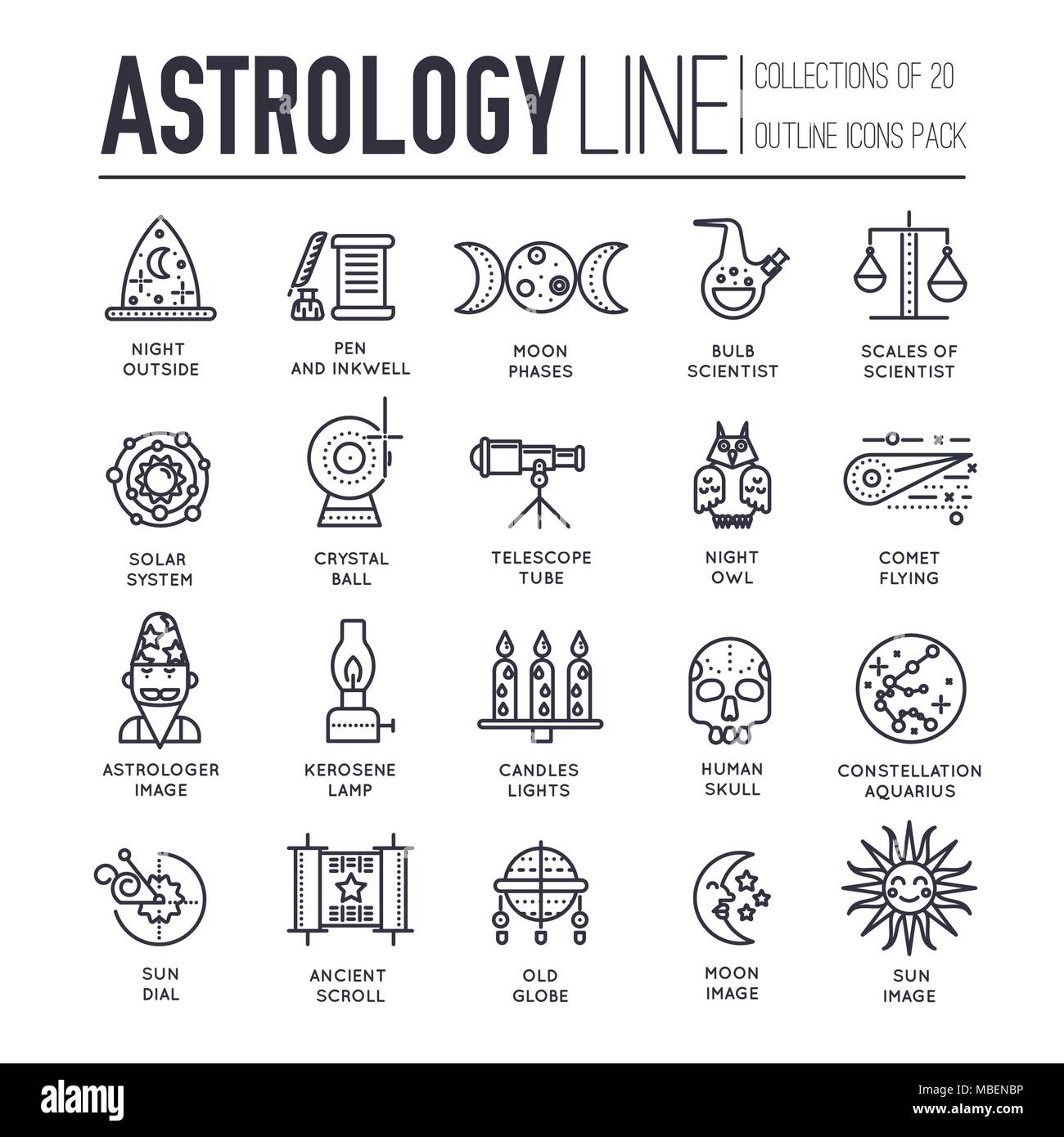 Astrology house thin line icons design illustration set. Flat outline horoscope items concept. Vector camera, lenses and other staff linear background  Stock Vector