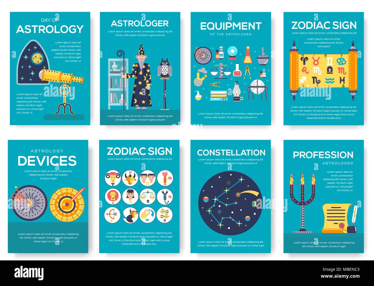 Astrology house brochure cards set. horoscope template of flyear, magazine, poster, book cover, banner. Science people with equipment invitation concept background. Layout scientist modern page Stock Vector