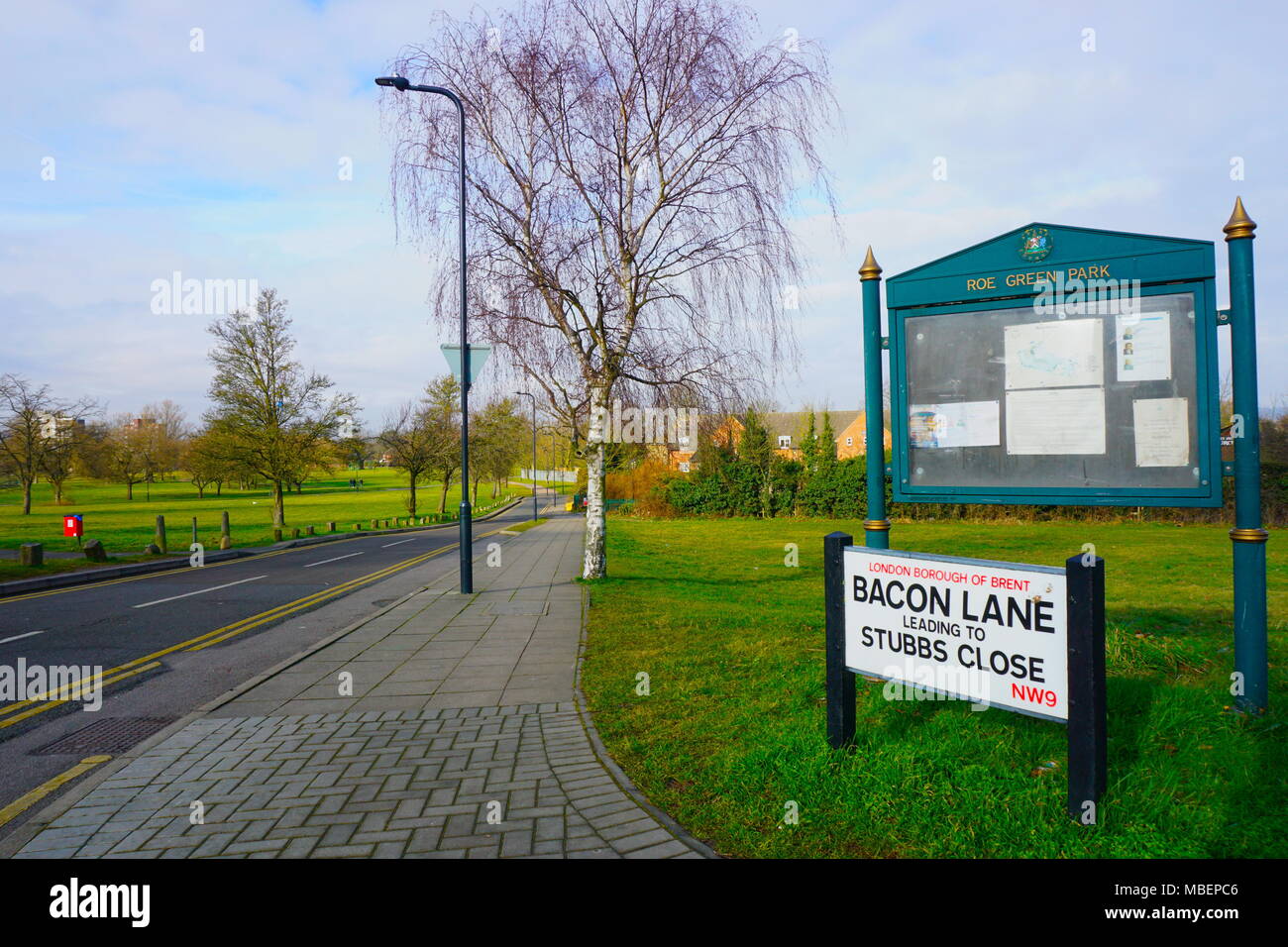 The Bacon Lane entrance to Roe Green Pk, Kingsbury. London, England, U