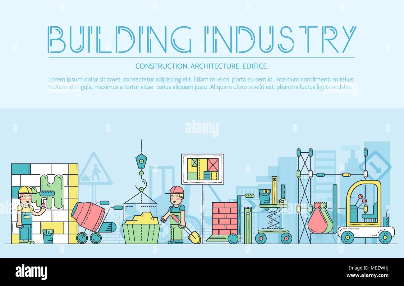 Thin line builders doing labor job and working with heavy vehicles concept.  Outline flat workers on construction site vector  design illustration Stock Vector