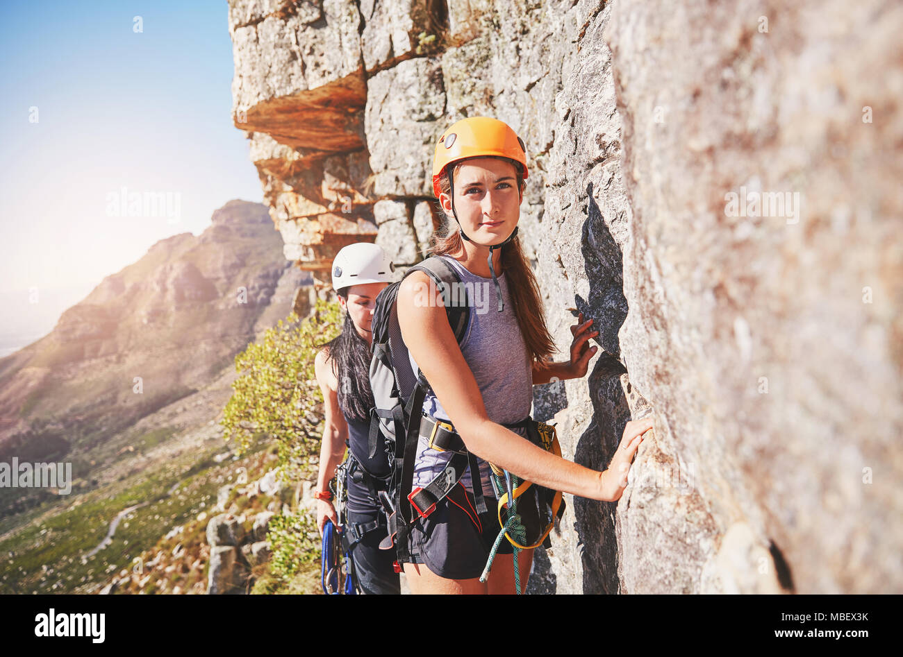 Portrait confident female rock climber Stock Photo