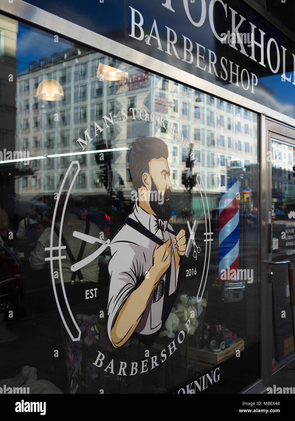 Close-up of barber shop window, Stockholm, Sweden Stock Photo