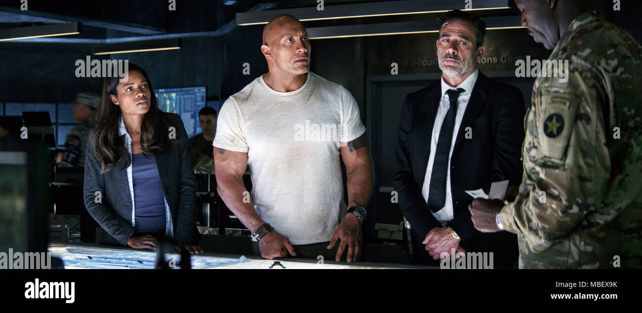 RAMPAGE, back, from left: Naomie Harris, Dwayne Johnson, Jeffrey Dean ...