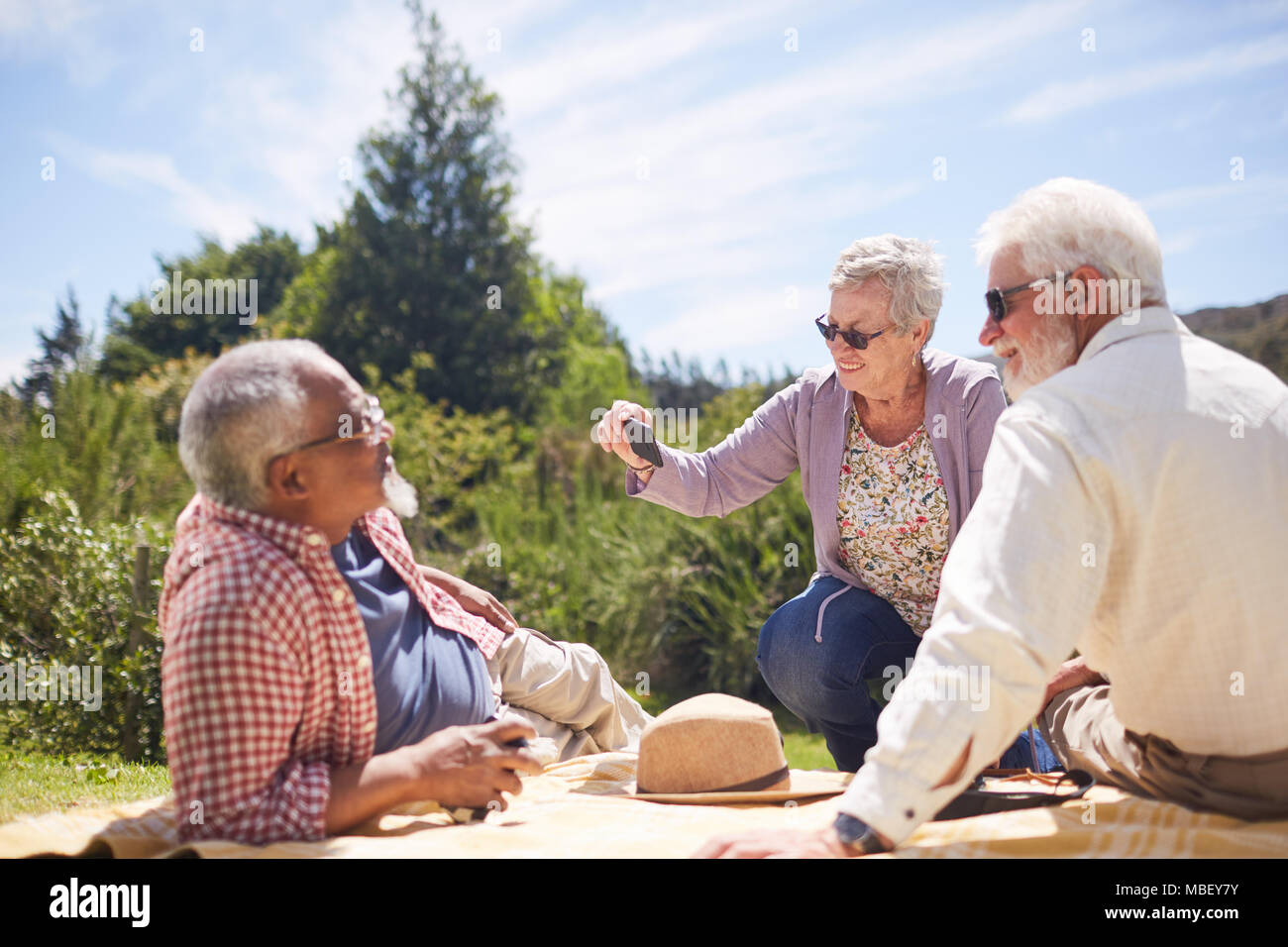 Active senior friends using camera phone, enjoying summer picnic Stock Photo