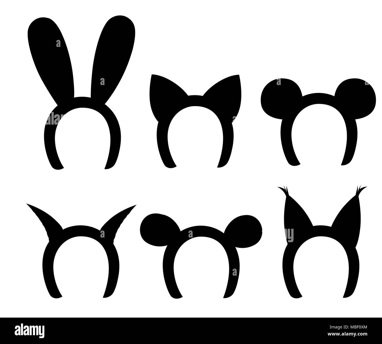 Black silhouette. Set mask cat, rabbit, deer antler and ears. Isolated on white vector illustration Flat design style vector illustration. Stock Vector