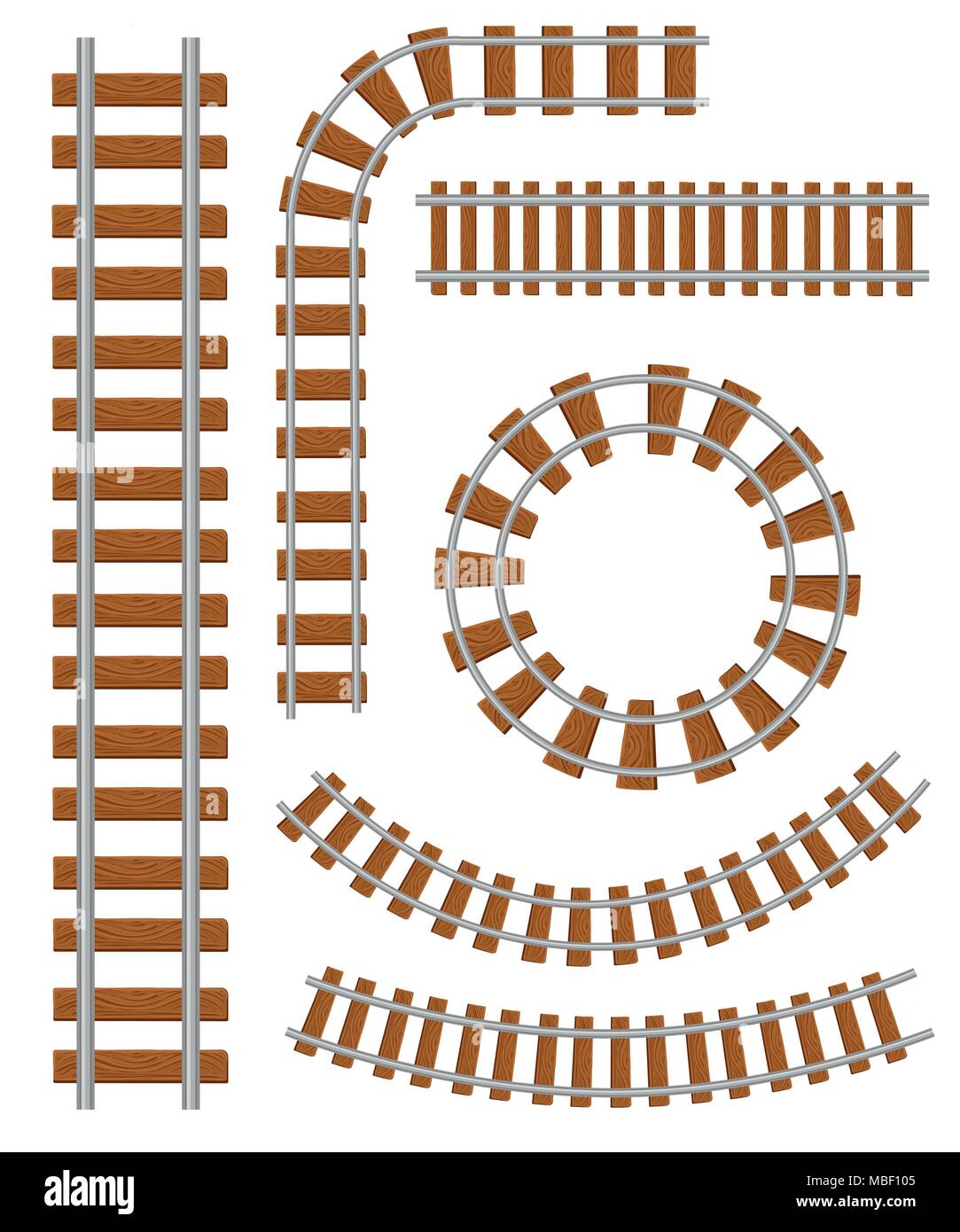 Set of vector railroad and railway tracks construction elements. Straight and curved railroad track. Trackway structure for traffic train. Vector illu Stock Vector