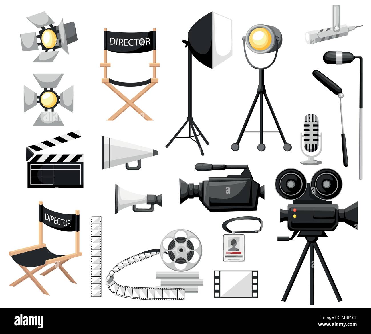 Collection of cinematography. Making a movie cartoon icon set. Director  chair, movie camera with film reels, searchlight, megaphone and  clapperboard Stock Vector Image & Art - Alamy