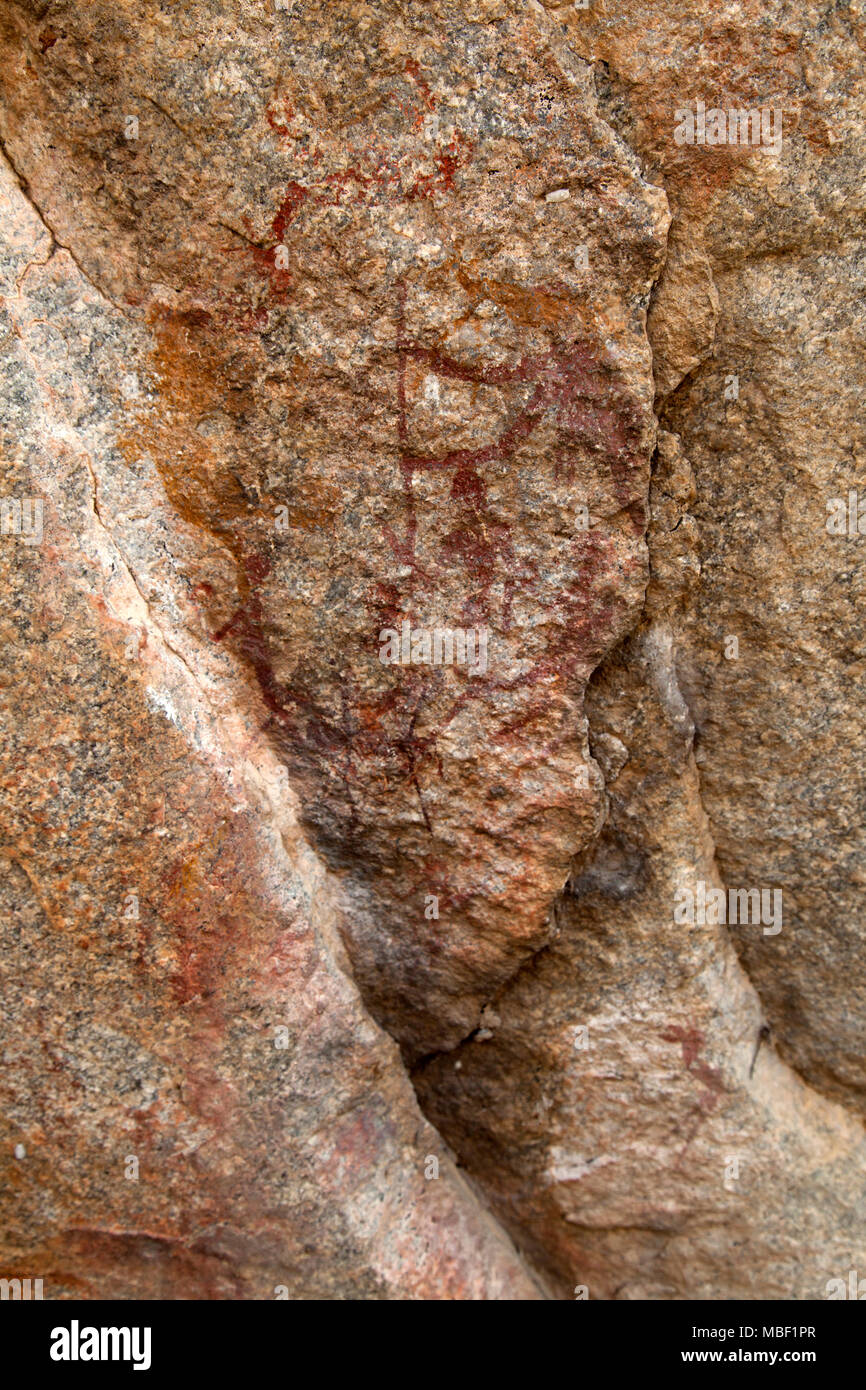 Ancient rock art at Matobo National Park in Zimbabwe. The painting depicts an animal. Stock Photo