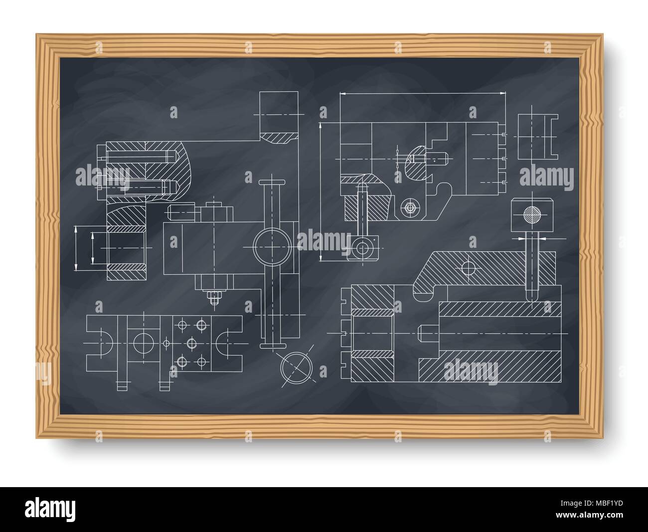 Mechanical Engineering drawing. Engineering Drawing Background. Drawing of mechanism on a board chalk. Vector Illustration Stock Vector
