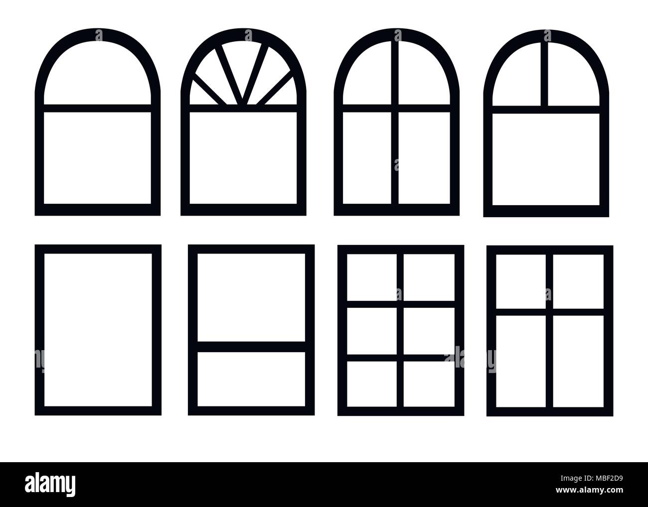 Black silhouette. Vector collection of various windows types for interior and exterior use flat style isolated on white background website page and mo Stock Vector
