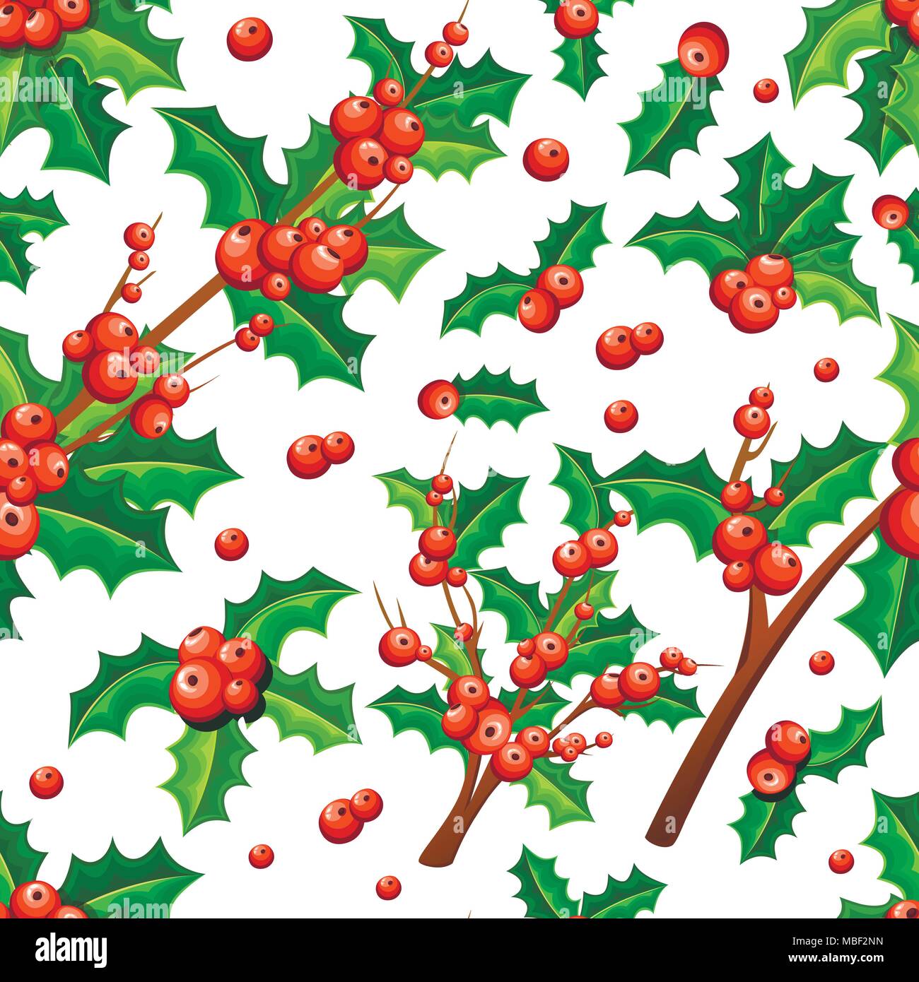 Seamless pattern of Christmas mistletoe. Branches of mistletoe with green leaves. Cartoon style design. Vector illustration on white background. Stock Vector