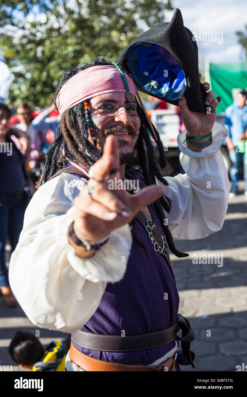 Píllaro, ECUADOR - FEBRUARY 6, 2016: Unidentified man, dressed as Captain Jack Sparrow in the diabladas festivities in Pillaro, January 6, 2016. Stock Photo