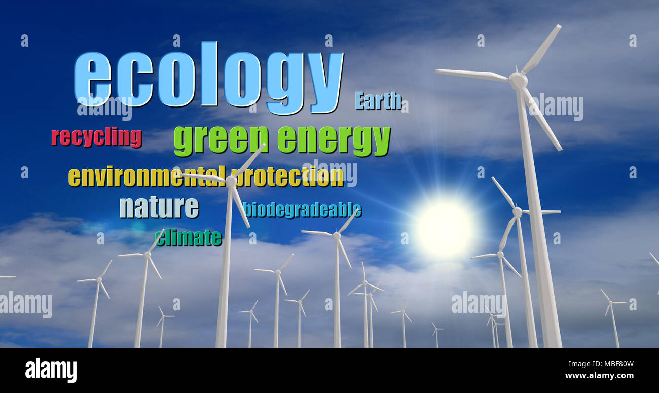 Ecology buzzwords on cloudy sky background with white wind turbines silhouettes. Concept keywords of ecological energy, green power and environmental  Stock Photo