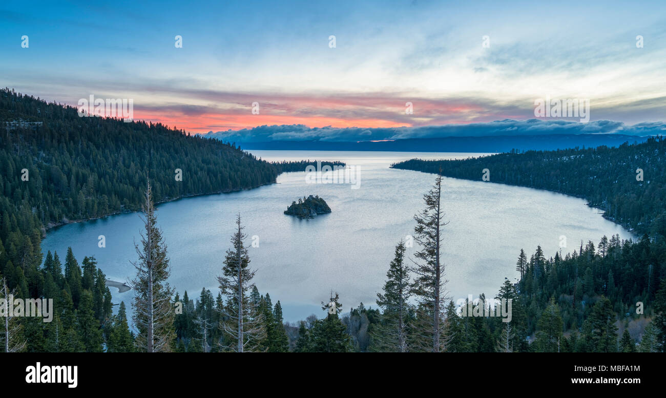 Sunrise at Emerald Bay on Lake Tahoe, Sierra Nevada, California, USA Stock Photo