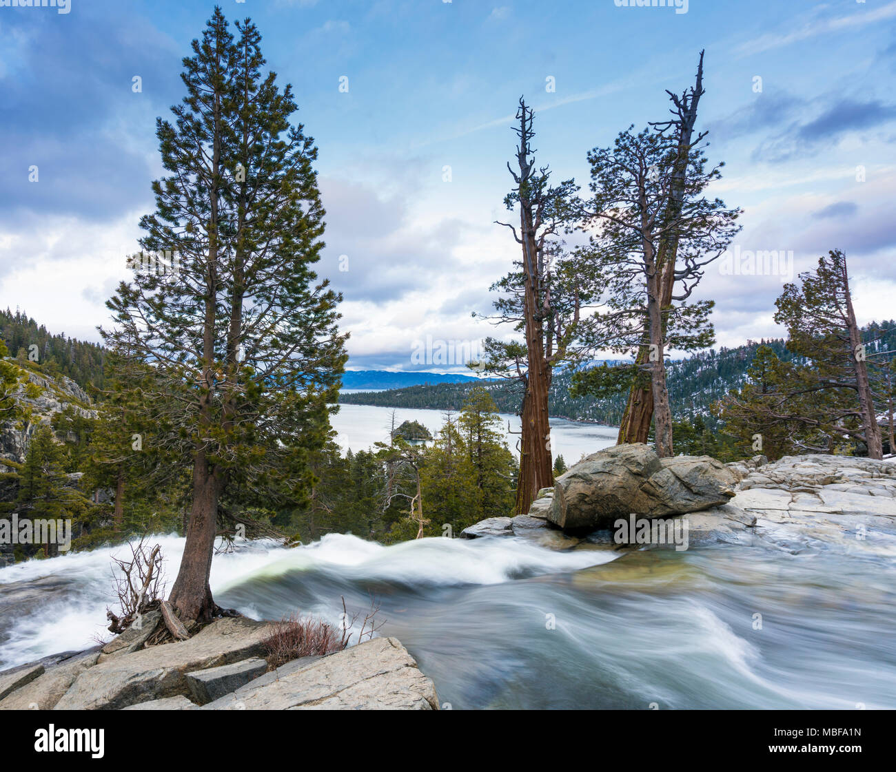 Emerald Bay on Lake Tahoe from the top of Lower Eagle Falls, Sierra Nevada, California, USA Stock Photo