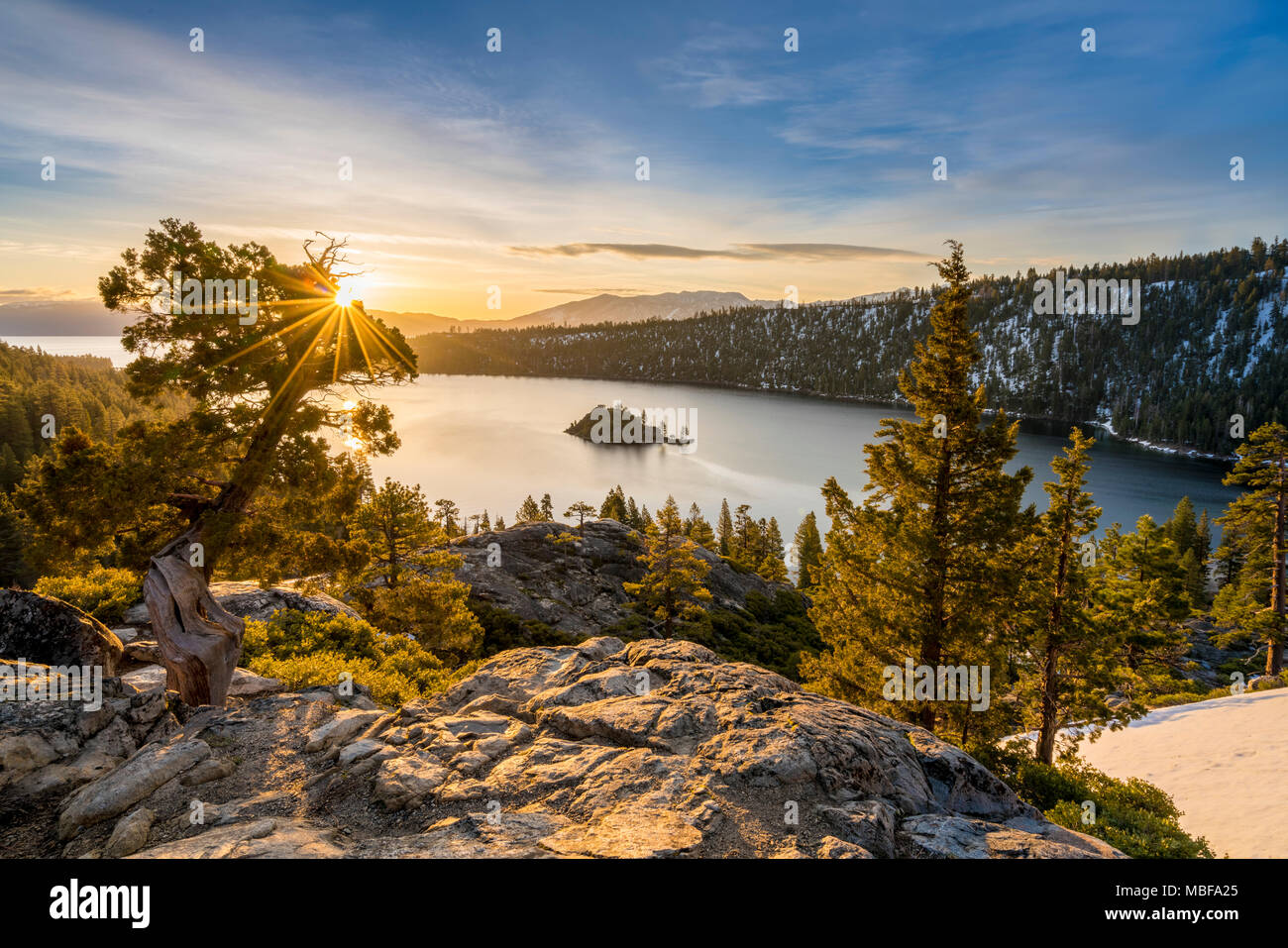 Sunset at Emerald Bay on Lake Tahoe, Sierra Nevada, California, USA Stock Photo