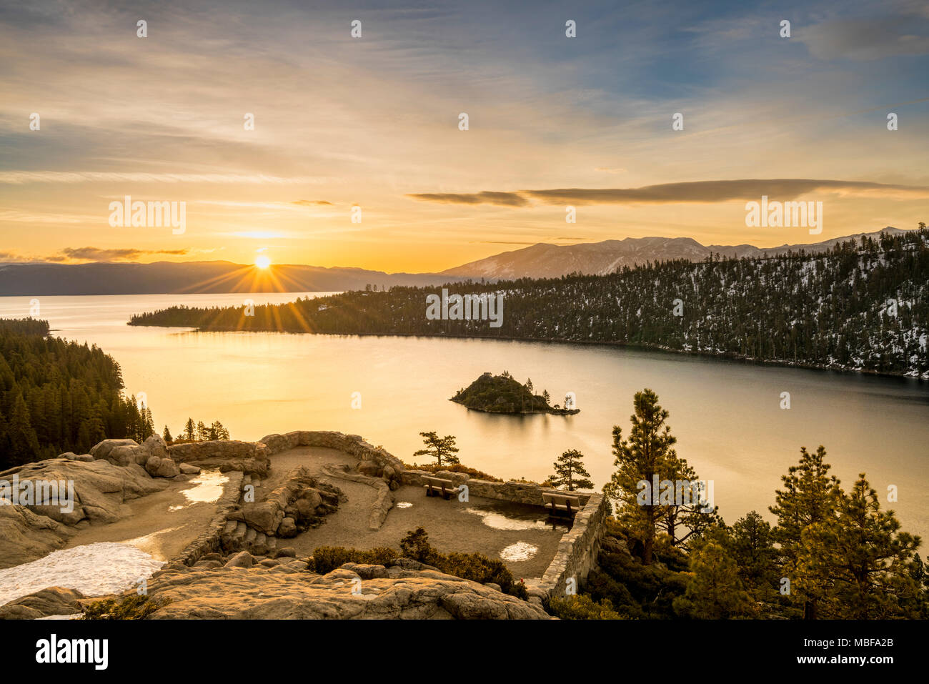 Emerald Bay on Lake Tahoe at sunset, Sierra Nevada, California, USA Stock Photo