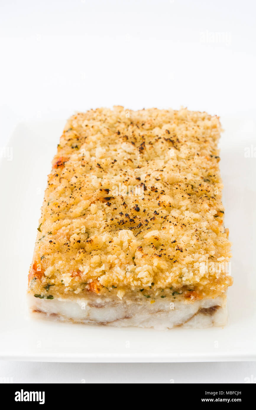 White fish casserole with cheese isolated on white background Stock