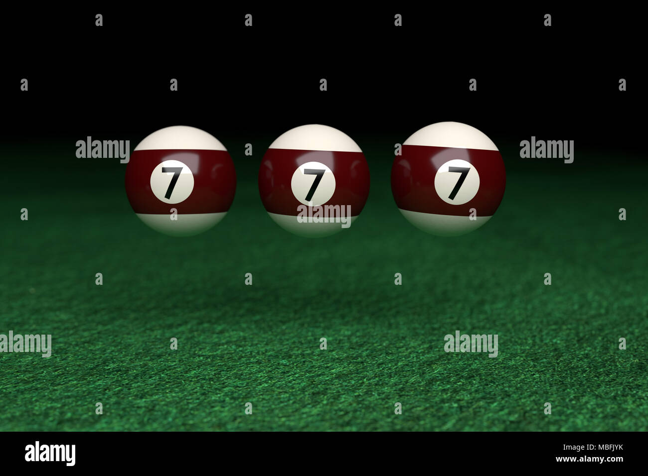 Win, Number Seven, Three Billiard Balls floating on air, on Green Felt, 3d Rendering Stock Photo