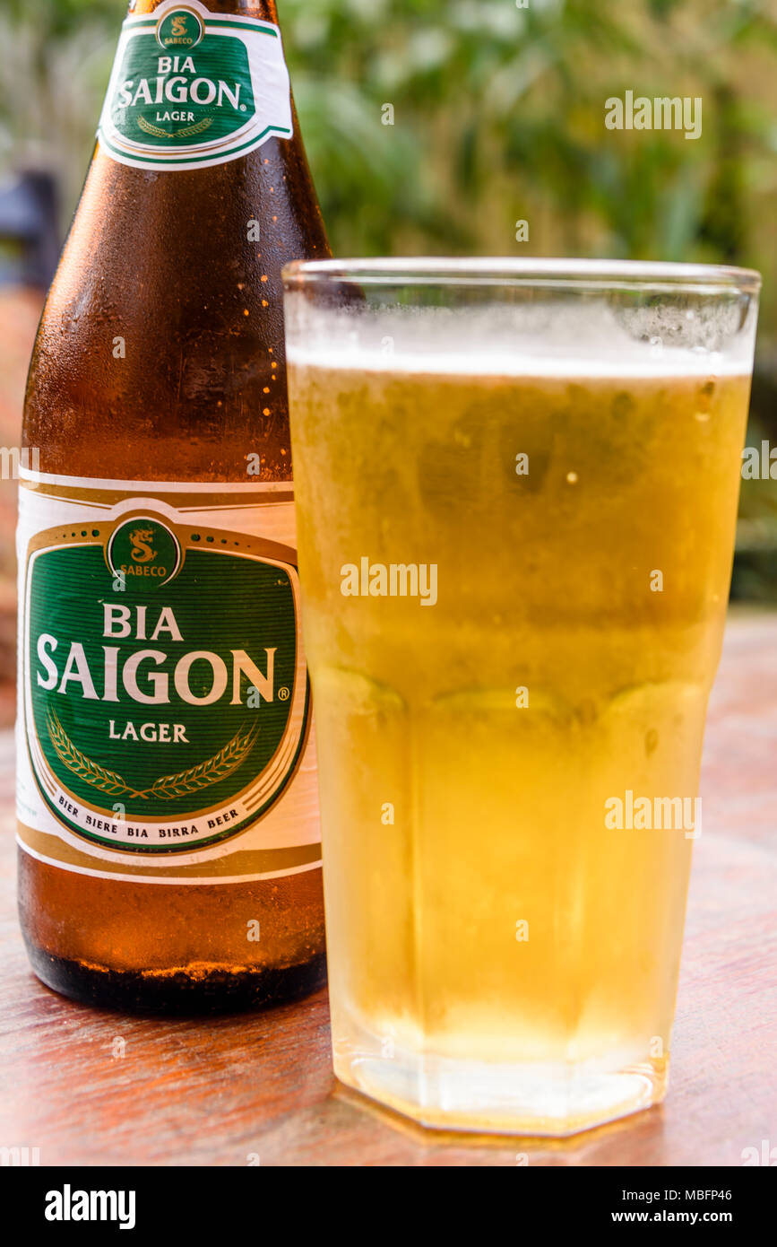 Bia Saigon - Saigon Beer on a table in a restaurant in Vietnam. Stock Photo