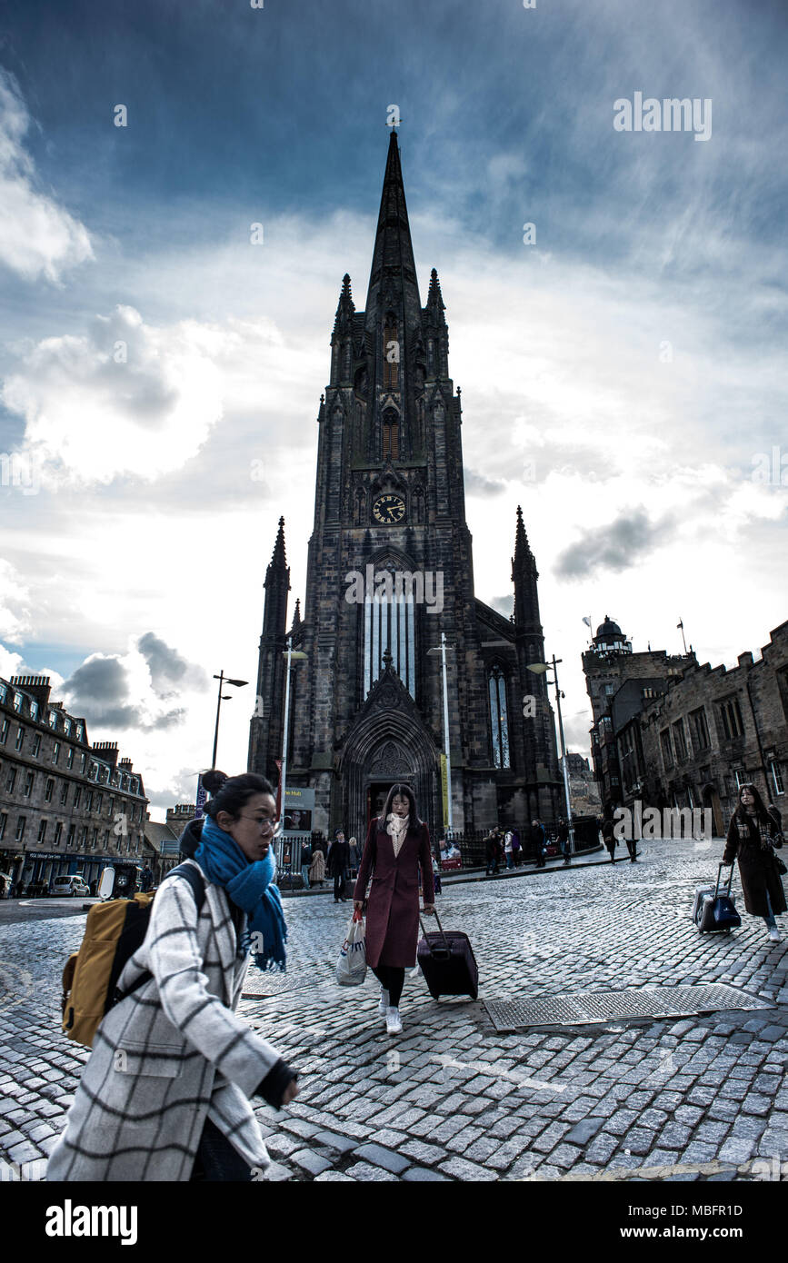 The front of The Hub as a pedestrian and tourist arriving. Edinburgh is a city with a population of 500,000 in 2017, it the capital city of Scotland. Scotland has chosen to remain part of the United Kingdom at its referendum in 2014. Stock Photo