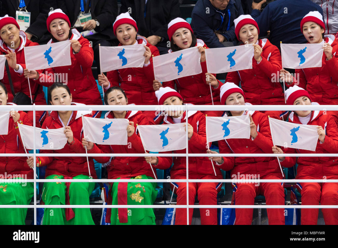 North Korean Cheerleaders During The Korea Combinded Vs Switzerland Womens Ice Hockey 