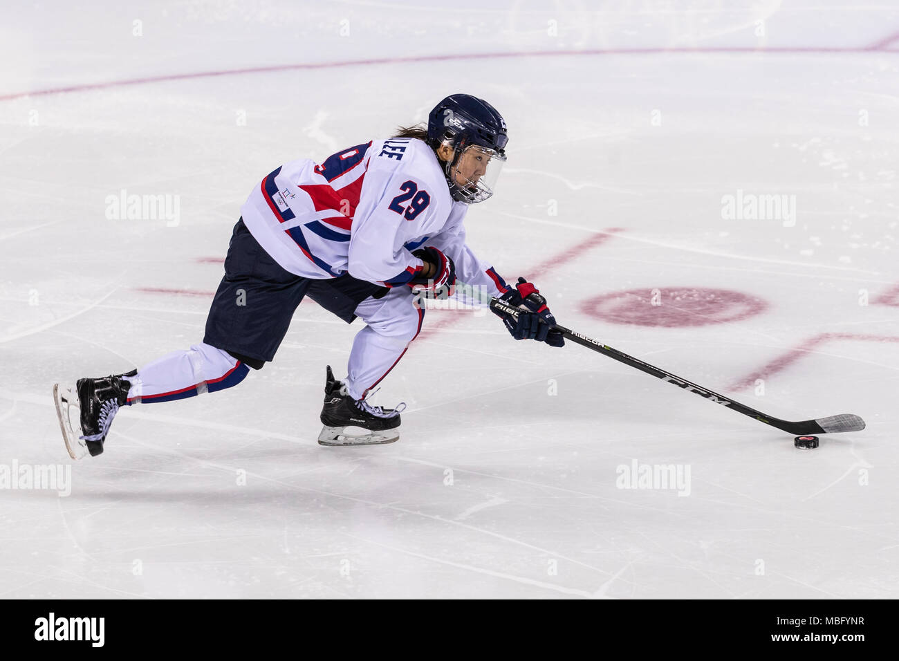 Jingyu Lee (KOR) #29 during Korea (combinded) vs Switzerland Women's Ice Hockey competition at the Olympic Winter Games PyeongChang 2018 Stock Photo