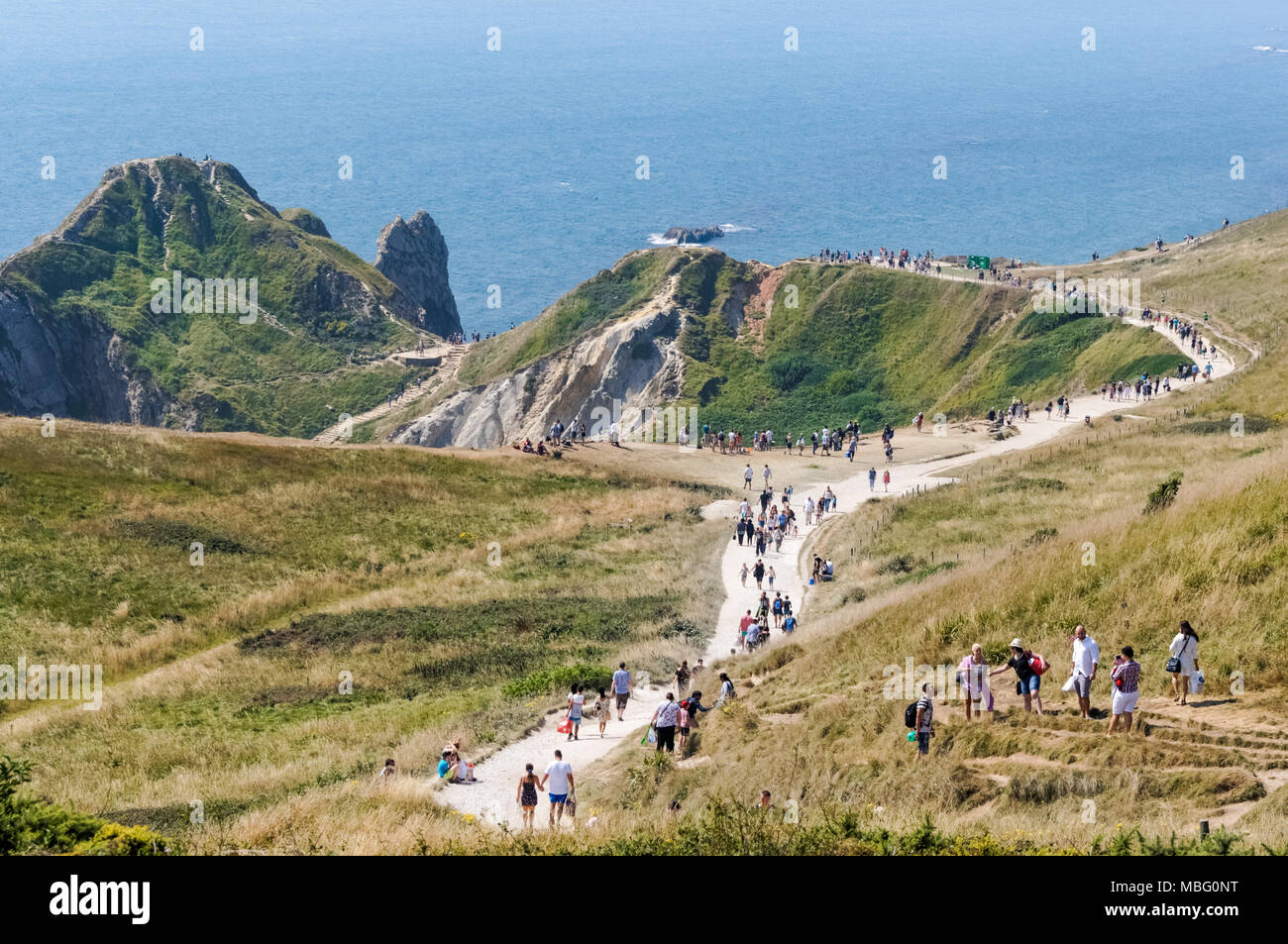 Tourists on the path to Durdle Door beach near Lulworth in Dorset England United Kingdom UK Stock Photo