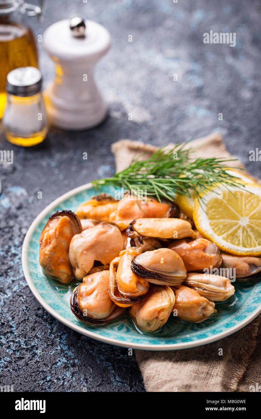 Marinated mussels with lemon and spices Stock Photo Alamy