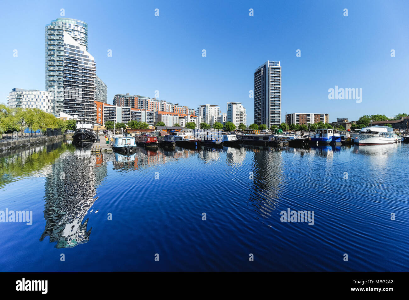 Poplar Dock Marina with modern luxury housing in London England United Kingdom UK Stock Photo