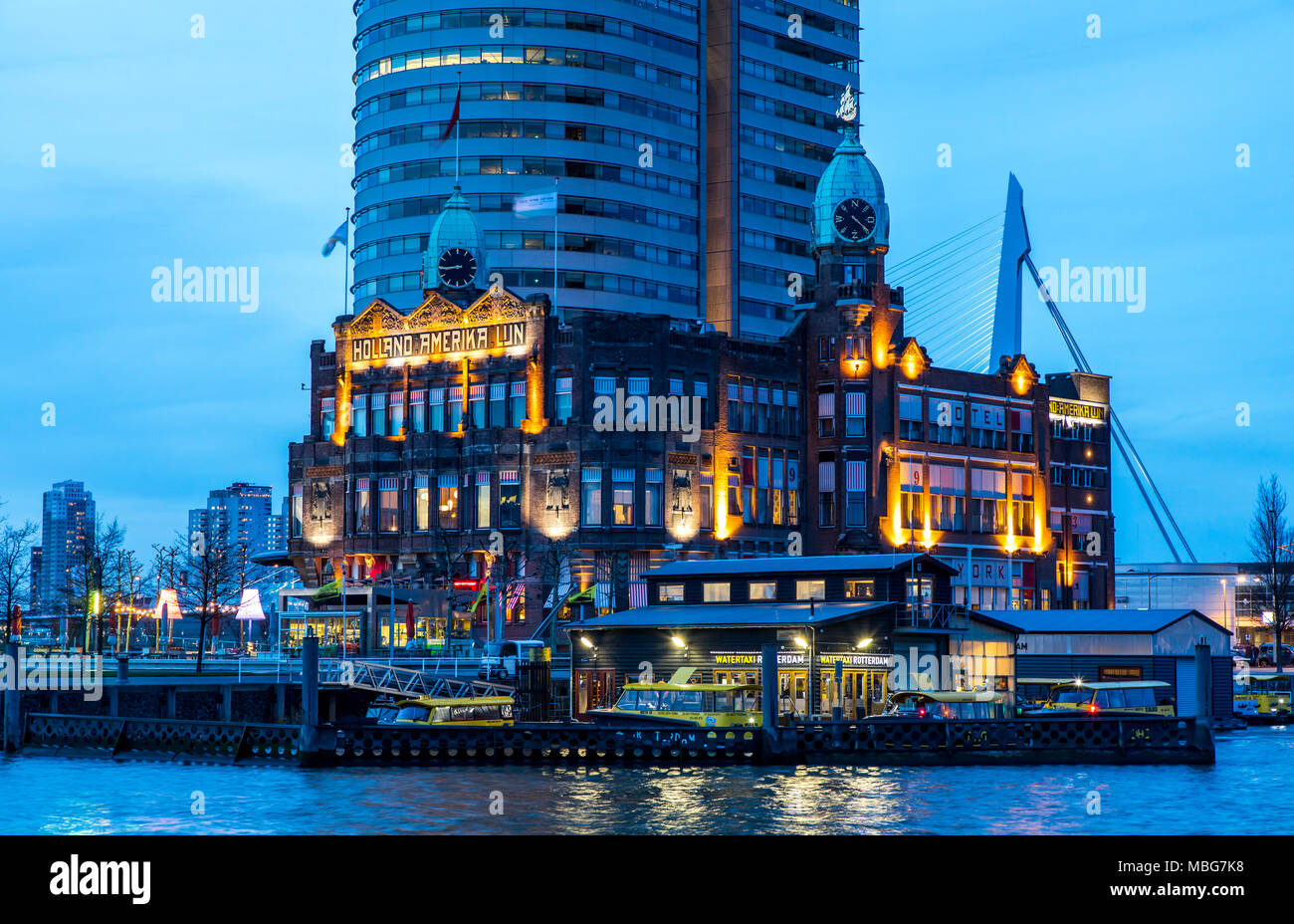 The skyline of Rotterdam, at the Nieuwe Maas, river, skyscrapers at the 'Kop van Zuid' district, Netherlands, Hotel New York, Stock Photo