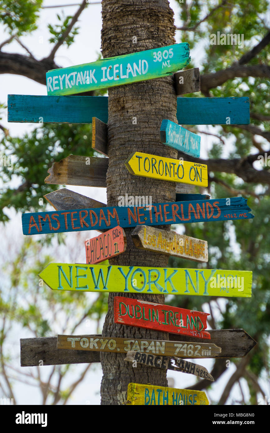 USA, Florida, Direction signs with distances on palm tree trunk Stock Photo