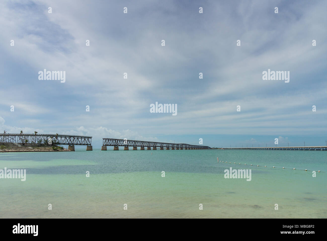 USA, Florida, Ancient overseas railway bridge in bahia honda state park from beach Stock Photo
