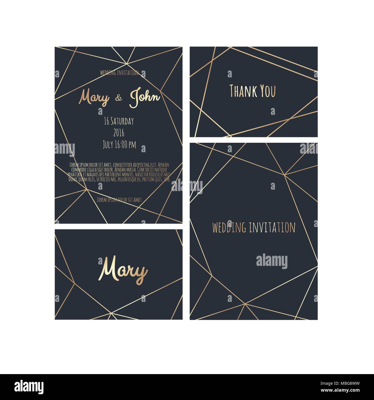Wedding Invitation, invite card design with Geometrical art lines, gold foil border, frame. Vector modern geometric abstract template layout. Stock Vector