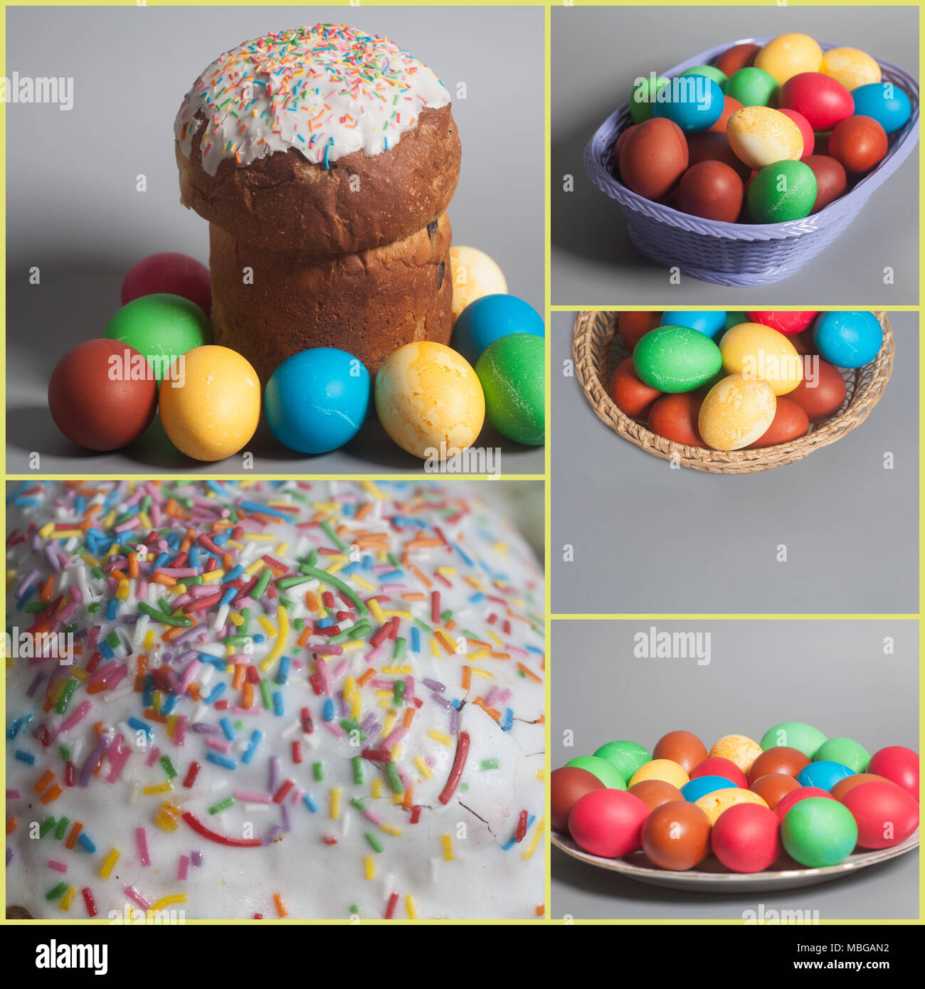 Easter cakes and colored eggs on basket collage Stock Photo